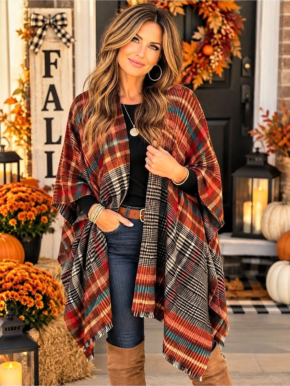 Women’s Plaid Ruana topper/ poncho/ versatile shawl cape in Brown & Red NWT